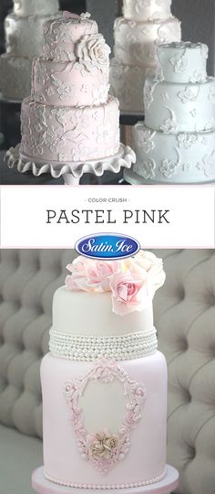 three different types of wedding cakes with flowers on each tier and the words pastel pink above them