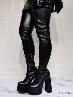 Lasaky - Premium PU Leather Thigh High Boots for Women - Over the Knee, Plus Size, Platform, Chunky Heel, Black Thigh High Platform Boots, Womens Thigh High Boots, Knee High Platform Boots, Women's Over The Knee Boots, Black Thigh High Boots, Leather Thigh High Boots, Black Thigh High, Chunky Heels Boots, Stylish Plus