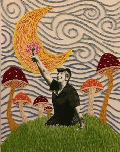 a drawing of a man sitting on top of a grass covered field next to mushrooms