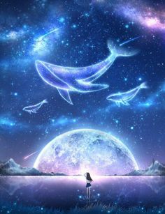 a person standing in front of a full moon with two dolphins flying over it and the sky filled with stars