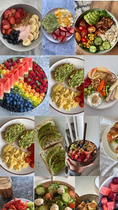 a collage of pictures showing different types of food on plates and in serving dishes