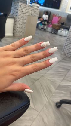 White Acrylic Nails With Silver, Silver Heart Nails, Acrylic Nails With Silver, White Nails With Heart, Ring Finger Design, Nails With Silver, Black French Nails, Overlay Nails, White Overlay