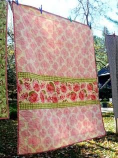 two quilts hanging on clothes line in yard