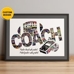 the word coach is surrounded by many pictures and words in black frame on a wooden table