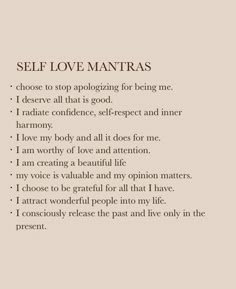 the words self love mantras are written in black and white on a beige background