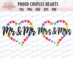 two hearts with the words mr and mrs on them in black, red, green, yellow