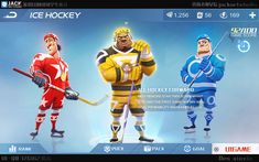 the ice hockey game features three players in different outfits and uniforms, one is holding a hockey stick