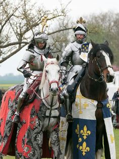 two men in armor riding on horses with trees in the background and people standing behind them