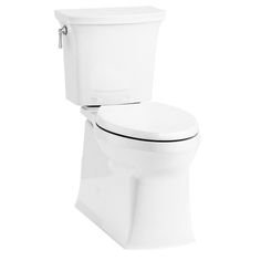 a white toilet with its lid open and the seat up, on a white background