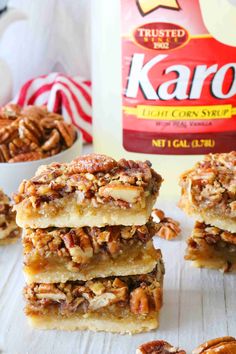 three pecan bars stacked on top of each other