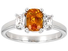 1.08ct Rectangular Cushion Orange Spessartite With 0.30ctw Round White Zircon Rhodium Over Sterling Silver Ring. Measures Approximately 0.43"L x 0.26"W. Not Sizeable. Accent Stones Primarily Zircon. Rectangular Cushion, Broken Chain, Pearl Strands, Cultured Pearls, 1 Carat, Gemstone Colors, Sterling Silver Ring, Post Earrings, Loose Gemstones