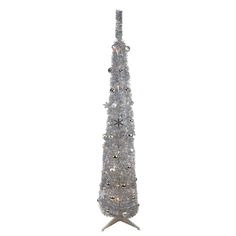 a silver christmas tree with white lights and snowflakes on the top, in front of a white background