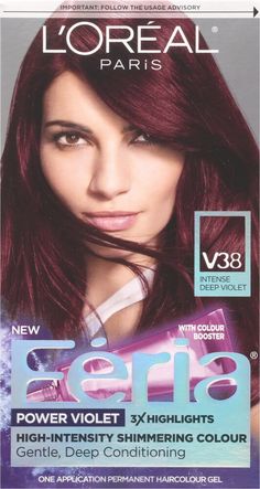 Feria by L'Oreal Paris gives you cutting-edge, multi-faceted, shimmering color that never wrecks or ravages. L'Oreal Paris Feria Shimmering Permanent Hair Color, V38 Violet Noir (Intense Deep Violet), 1 kit; Feria by L'Oréal Paris gives you cutting-edge, multi-faceted, shimmering color for vibrant, healthy-looking hair Feria's Bonding Care Complex Conditioner helps repair hair's strength; Helps protect fragile hair bonds Delivers trendy, edgy, shimmering, fashionable and multi-tonal hair colors Deep Violet Hair, Plum Brown Hair, Brown Hair Pale Skin, Feria Hair Color, Pelo Color Vino, Violet Hair Colors, Hair Pale Skin, Violet Hair, Hair Color Burgundy