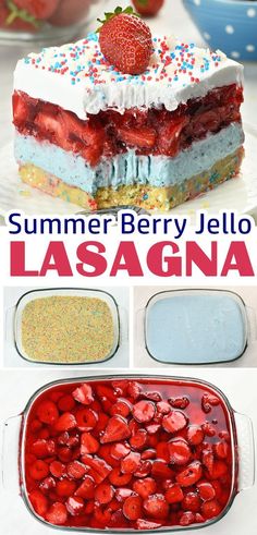 strawberry jello lasagna cake with strawberries and sprinkles on top