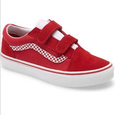 Brand New With Tags! No Box, Beautiful Color And Velcro Straps Trendy Red Round Toe Skate Shoes, Red Casual Skate Shoes For Skateboarding, Casual Red Skate Shoes For Skateboarding, Red Sneakers With Rubber Sole For School, Red Low-top Sneakers For School, Vans Sneakers University Red Round Toe, Vans Old Skool Low, Vans Slip On Shoes, Boys Vans