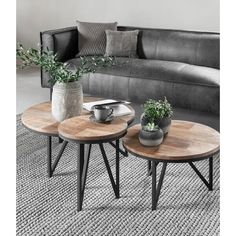 two wooden tables sitting on top of a rug next to a couch and table with potted plants