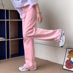 High Waist Casual Pink Wide Leg Jeans Pants – Tomscloth Pink Wide Leg Jeans, Ladies Trousers, Mom Denim, Cheap Jeans, High Waist Denim, Jeans Women, Denim Trousers, Colored Denim, High Waisted Denim