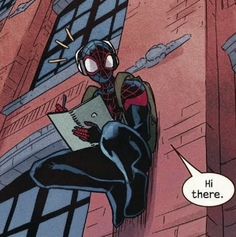 a spider - man reading a comic book on the side of a building with a speech bubble saying, hi there