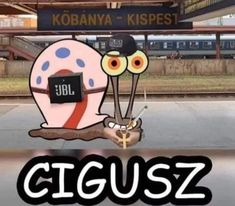 an animated image of a cartoon character riding a snail on top of a train track