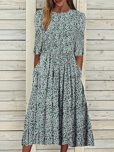 An exclusive offer for you——Affordable prices at Zolucky store, SPU: 294EDR5678E7, Color: Green, Material:Jersey, Dress length:Maxi. Inexpensive Dresses, Womens Long Dresses, Half Sleeve Dresses, Crewneck Dress, Sleeve Dresses, Maxi Dresses Casual, Midi Dress With Sleeves, Floral Dress Summer, Types Of Dresses