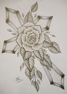 a drawing of a cross with a rose on it