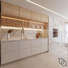 a modern kitchen with marble counter tops and white cupboards, along with wooden shelves