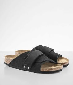 Birkenstock® Kyoto Suede Sandal - Black US 9, Women's Black Suede slip-on sandal Nubuck leather hook and latch strap Anatomically shaped cork-latex footbed. Due to the nature of leather/suede, small variances of color in the skin may occur, this is in no way considered a defect. These are inherent characteristics of leather/suede and will enhance the individual look of your garment.. Upper: Suede/Nubuck Leather. Footbed Lining: Suede. Sole: EVA.. WOMEN'S BIRKENSTOCK CONVERSION CHART U.S. Size Bi Black Cork Footbed Sandals With Round Toe, Black Cork Sandals With Buckle Closure, Black Cork Sandals With Leather Footbed, Black Leather Footbed Sandals With Cork-bed Midsoles, Black Suede Sandals With Leather Footbed, Slip-on Cork Footbed Sandals With Leather Footbed, Slip-on Cork Sandals With Leather Footbed, Leather Footbed Cork Slip-on Sandals, Black Suede Sandals With Textured Footbed