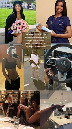 a collage of photos with women and cars