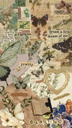 an altered collage with butterflies, flowers and other things in the middle of it