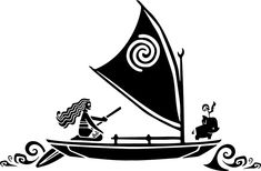 a black and white drawing of a person in a boat with an animal on it