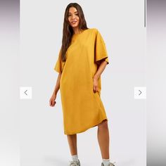 Mustard Color. New With Tags Never Worn!! So Comfortable And Long Enough For Tall Girlies! Perfect Summer Or Spring Throw On Dress Dark Lip, Am To Pm, Casual Dressing, Oversized T Shirt Dress, Boohoo Dresses, Slogan T Shirt, T Dress, Style Finder, Mustard Color