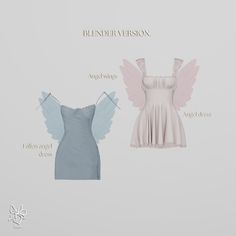 two dresses with angel wings on them are shown in three different colors, one light blue and the other pale pink