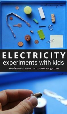 a person holding an electronic device in their hand with the words electricity experiments with kids