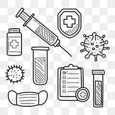 black and white medical icons on a transparent background, line art, icon png and psd