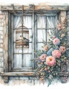 a painting of a bird in a cage on a window sill next to flowers