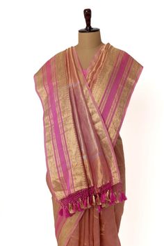 Pink saree with zari, floral handwoven motifs and tassel border. Comes with unstitched blouse piece. - Aza Fashions Anarkali Blouse With Traditional Drape For Celebration, Celebration Blouse Piece With Zari Weaving In Traditional Drape, Cotton Silk Dupatta For Celebration In Traditional Drape, Celebration Blouse Piece With Zari Weaving, Traditional Drape Blouse Piece With Zari Weaving For Celebration, Silk Pre-draped Saree For Celebrations, Transitional Season, Silk Traditional Wear With Traditional Drape For Celebration, Silk Traditional Wear For Celebration, Celebration Shawl With Cutdana In Traditional Drape