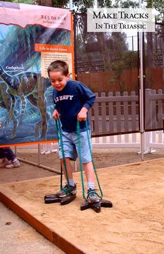 a young boy is holding on to a pair of walking canes in front of a dinosaur exhibit