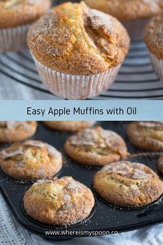 muffins with apple filling in the middle on a cooling rack, and then topped with powdered sugar