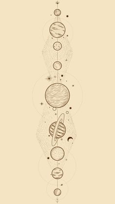 a line drawing of planets with stars and lines in the sky, on a beige background