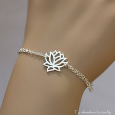 Sterling silver Lotus braceletLotus jewelryYoga by tydesign Godmother Jewelry, Lucky Charm Gifts, Zen Jewelry, Lotus Bracelet, Lucky Charm Bracelet, Lotus Jewelry, Bracelet Initial, Silver Bar Necklace, Jewelry Bridesmaid