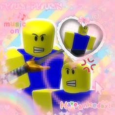 two yellow legos with one holding a knife and the other pointing at something in front of them