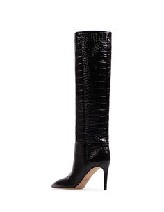 Stiletto boots by Paris Texas in charcoal-coloured crocodile-printed leather. Tube boot design with tapered toe and slim 85 mm heel. Knee-high boot. Leg (size 38 IT-EU): height 41cm, circumference 36cm. Dust bag included. Composition: 100% Leather Elegant Leather Heeled Boots With Crocodile Pattern, Elegant Heeled Boots With Crocodile Pattern And Pointed Toe, Elegant Pointed Toe Heeled Boots With Crocodile Pattern, Elegant Crocodile Pattern Heeled Boots With Pointed Toe, Boot Design, Rodeo Fashion, Zegna Shoes, Paris Texas, Crocodile Print