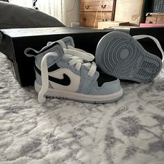 Ice Blue/Black Sail White Jordan 1 Mid Size 4c - These Were Never Worn. My Son Outgrew Them Before He Got To Wear Them. Accepting Reasonable Offers Always. Cute Blue Non-slip Sneakers, White Jordan 1, Shoes Jordan 1, White Jordans, Shoes Jordan, Girly Shoes, Kids Jordans, Mid Size, Jordan 1 Mid