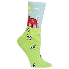 Farm Scene Green Women’s Crew Sock size 9-11 (Fits shoe size 4-10.5) HOTSOX Cotton Socks For Spring Stocking Stuffers, Cotton Mid-calf Socks For Spring, Mid-calf Cotton Socks For Spring, Spring Cotton Mid-calf Socks, Fun Green Cotton Socks, Playful Fitted Cotton Socks, Fitted Multicolor Cotton Socks, Scene Green, Farm Scene