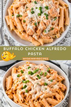 two bowls filled with buffalo chicken alfredo pasta