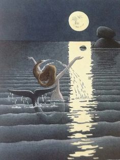 a painting of a woman sitting on a whale watching the moon