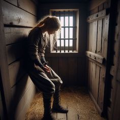 a woman sitting on a window sill next to a wooden wall in a dark room