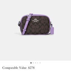 Signature Coated Canvas And Smooth Leather Two Credit Card Slots Inside Multifunction Pocket Zip Closure, Fabric Lining Outside Open Pocket Adjustable Strap With 22 3/4" Drop For Shoulder Or Crossbody Wear 7 1/2" (L) X 5 1/4" (H) X 2 1/4" (W) Style No. C9926 Designer Purple Shoulder Bag With Removable Pouch, Designer Purple Crossbody Shoulder Bag, Designer Purple Crossbody Bag, Designer Purple Travel Bag, Coach Purple Bag With Adjustable Strap, Designer Coach Bag In Purple, Coach Rectangular Purple Shoulder Bag, Coach Purple Rectangular Shoulder Bag, Coach Purple Shoulder Bag With Adjustable Strap