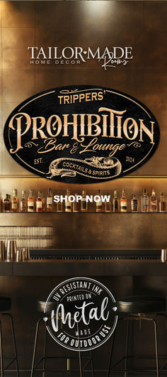 Prohibition Speakeasy Sign Decor on black textured oval that says Prohibition Barn and Lounge Prohibition Decor, Speakeasy Sign, Speakeasy Decor Bar, Prohibition Bar, Barn Office, Speakeasy Decor, Cozy White Cottage, Theater Room Decor, Barndominium Interior