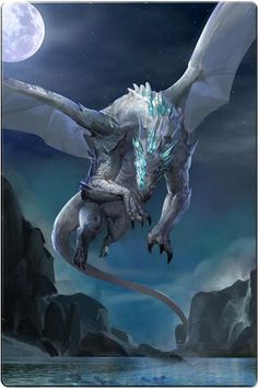 a white dragon flying over a body of water under a full moon filled night sky